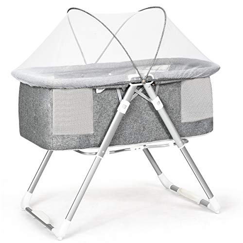 INFANS 2 in 1 Rocking Bassinet for Newborn Baby, One-Second Fold Travel Crib with Detachable & Thicken Mattress, Height Adjustable Legs, Mosquito Net, Cradle with Rock Mode & Stationary (Light Grey)