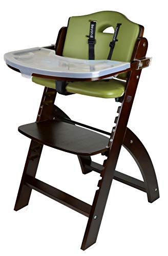 Abiie Beyond Wooden High Chair with Tray. The Perfect Adjustable Baby Highchair Solution for Your Babies and Toddlers or as a Dining Chair. (6 Months up to 250 Lb) (Mahogany Wood - Olive Cushion)