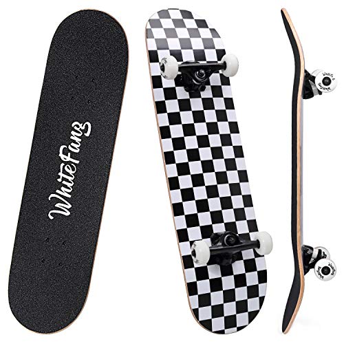 WhiteFang Skateboards for Beginners, Complete Skateboard 31 x 7.88, 7 Layer Canadian Maple Double Kick Concave Standard and Tricks Skateboards for Kids and Beginners (Check)