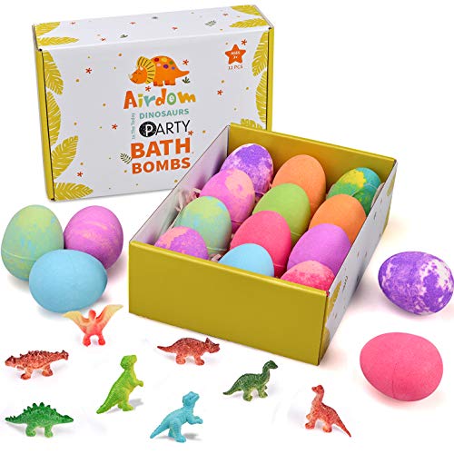 Airdom Dinosaur Bath Bombs for Kids - Set of 12 Egg Bubble Fizzies - Surprise Dino Toy Inside - Gentle and Kids Safe Spa Bath Fizz Balls Kit - Ideal Birthday Christmas or Easter Gifts for Boys & Girls