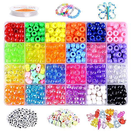 VICOVI 1000+pcs Pony Beads Kit for Bracelet Jewelry Making, Hair Beads, Include 23 Colors Rainbow Beads(9mm), 260 Letter Beads, 50 Color Beads, 20 Heart & Star Beads and Rolls Elastic String.
