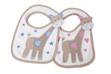 baby gifts for twins, pink and blue giraffe bibs