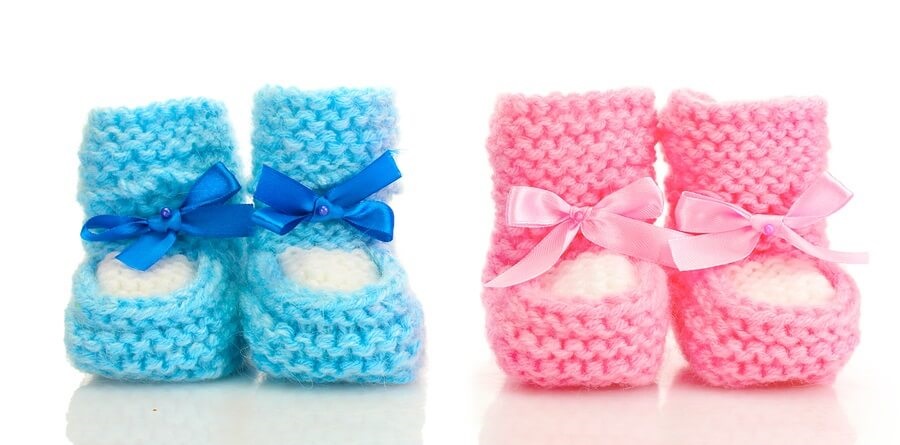 Pink and blue knit booties against white background