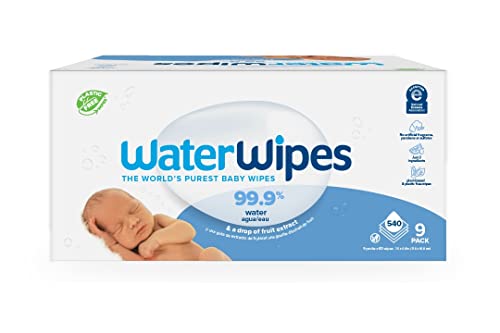 WaterWipes Plastic-Free Original Baby Wipes, 99.9% Water Based Wipes, Unscented & Hypoallergenic for Sensitive Skin, 540 Count (9 packs), Packaging May Vary