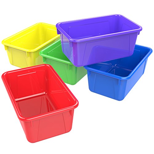 Storex 62414U05C Small Cubby Bin, Plastic Storage Container Fits Classroom Cubbies, Pack of 5, 12.2" x 7.8" x 1", Red, Yellow, Green, Blue, Purple, Teal