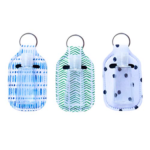 C&S Design Hand Sanitizer Holder Keychain, Empty Travel Size Bottle Keychain Holder, Refillable for Soap Lotion and Liquids, 30 ML Flip Cap Reusable Pack of 3 Pieces Bottle with Boho Keychain Carriers