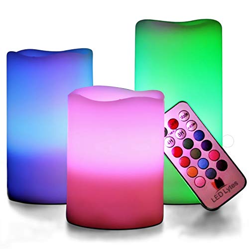 LED Lytes Multi Colored Flameless Candles, 3 Ivory Wax with Multi-Function Timer Remote Control, Battery Operated with Flickering Flame Candle Set for Gifts