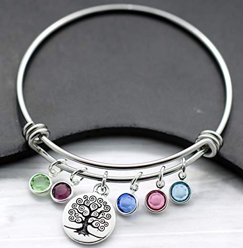 Family Tree Birthstone Bangle Bracelet for Mom - Up to 9 Birthstones