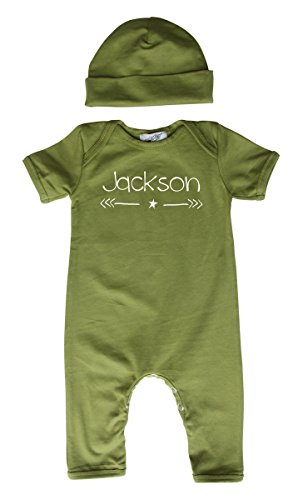Personalized Rompers with Matching Hat for Boys (6M (3-6 Months), Olive Green)