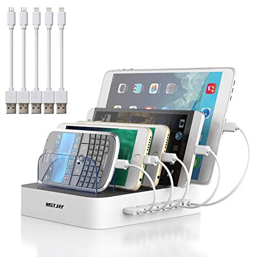 Charging Station for Multiple Devices, MSTJRY 5 Port Multi USB Charger Station with Power Switch Compatible with iPhone, iPad, Cell Phone, Tablets (White, 5 Mixed Short Cables Included)