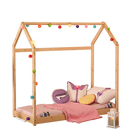 WALCUT Children Bed Frame Twin Size Toddler Wood Kid's House Floor Tent Bedroom Furniture