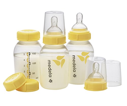 Medela Breast Milk Storage Bottles, 3 Pack of 5 Ounce Breastfeeding Bottles with Slow Flow Nipples, Lids, Wide Base Collars, and Travel Caps, Made Without BPA