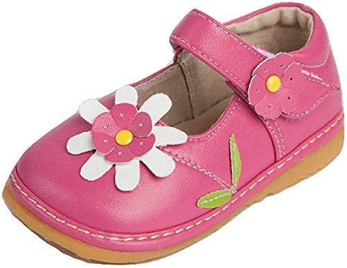 Little Mae's Boutique Mary Jane Pink with White Flower Squeaky Shoes for Toddler Girls, Ideal Toddler Walking Shoes with Removable Squeaker and Adjustable Velcro Strap - Flexible Sole Baby Shoes (4)