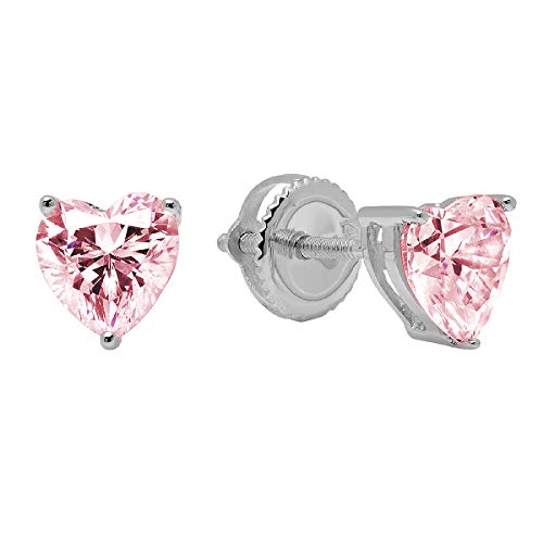 1.44cttw Heart Cut Solitaire Genuine Pink CZ Unisex Designer Stud Earrings Solid 14k White Gold Screw Back