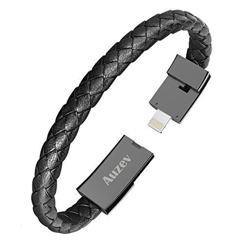 Auzev USB Charging Cable Bracelet Fashion Wrist Data Charger Cord Leather Cuff Band for iPhone iPad, iPod, Air Pods (Black, M（7.2"）