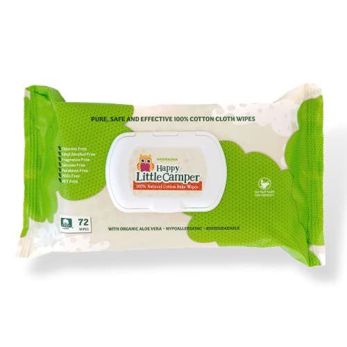 Happy Little Camper Natural Cotton Baby Wipes with Aloe Vera and Vitamin E, Chlorine-Free, Biodegradable and Dermatologically Tested, 72 Count