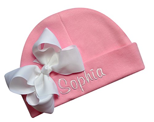 Personalized Embroidered Baby Girl Hat with Grosgrain Bow with Custom Name (Pink Hat/White Bow)