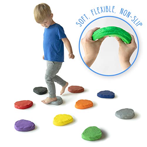 JumpOff Jo - Foam Stepping Stones for Kids - Set of 10 Colored, Textured, Flexible Balance Blocks – Promotes Coordination – RockSteady Puddle Jumpers
