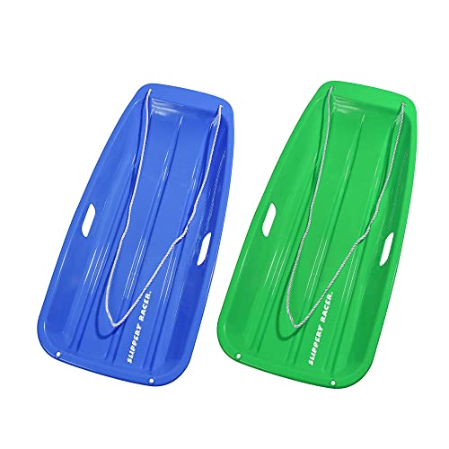 Slippery Racer Downhill Sprinter Flexible Kids Toddler Plastic Toboggan Snow Sled with Pull Rope for 1 Adult or Kid Rider, Blue/Green (2 Pack)