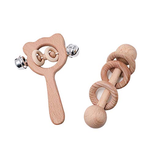 2Pcs Organic Wood Montessori Styled Baby Rattles, Natural Wooden Teethers for Toddlers, Safe Relieve Teething Pain Toys, Bear Rattle Set as Baby Shower Gift