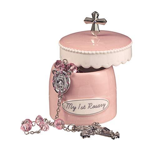 Grasslands Road Girl's My First Rosary Cross 2 Piece Keepsake Box and Rosary Gifting Set, Pink