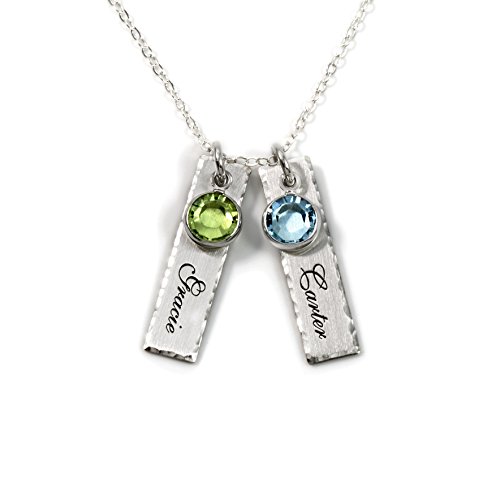 Unity in Two Personalized Charm Necklace. Customize 2 Sterling Silver Rectangular Pendants with Names of Your Choice. Choose 2 Swarovski Birthstones, and 925 Chain. Makes Gifts for Her