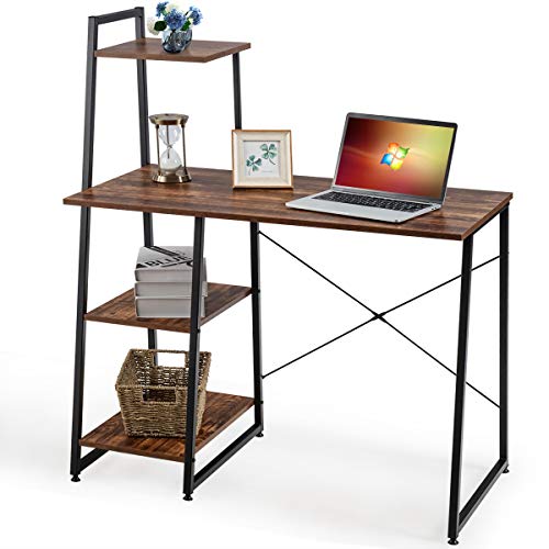Tangkula Computer Desk with 4 Tier Shelves, Writing Desk Study Desk, Compact Computer Desk Workstation with X-Shaped Metal Frame & Adjustable Foot Pads, Home Office Desk (Brown)