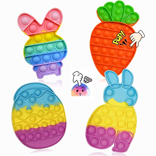 4 Pack Easter Pop Fidget Toys - Silicone Animal Pop Fidget Sensory Toy, Egg Rabbit Carrot Popper Toy Set for School,Camping,Travel ,Stress Relief and Anti Anxiety Toy,Easter Gift for Kids Adults