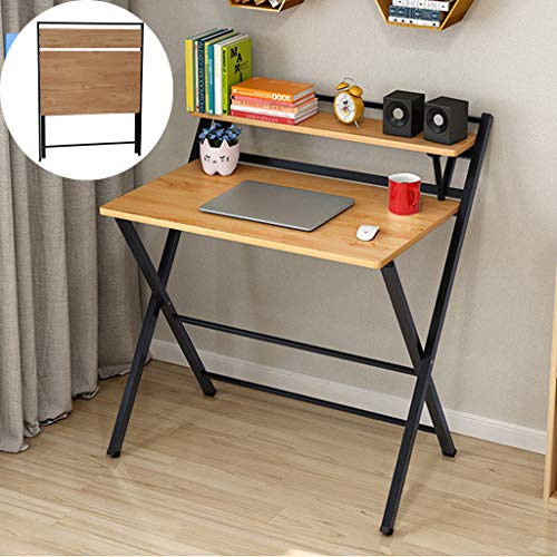 Flurries👍No Assembly Required Folding Desk for Small Space Home Office - 2 Tier Computer Laptop Writing Table Workstation with Shelf - Metal Legs (32''x20''x29'', Ancient Oak)