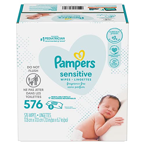 Baby Wipes, Pampers Sensitive Water Based Baby Diaper Wipes, Hypoallergenic and Unscented, Tub Not Included, 72 Count (Pack of 8), Total 576 Wipes - Packaging May Vary