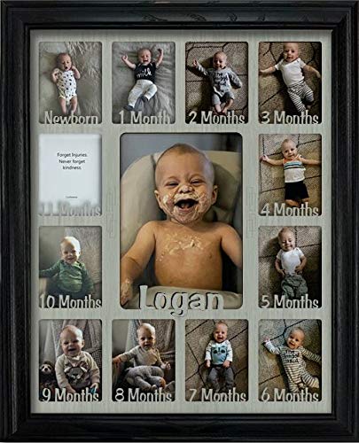 Northland Baby First Year Personalized Frame - Holds Twelve 2.5" x 3.5" Newborn Nursery Decor Photos and 5" x 7" One Year Picture, Black Frame, Light Gray Mat, Customizable with Any Name