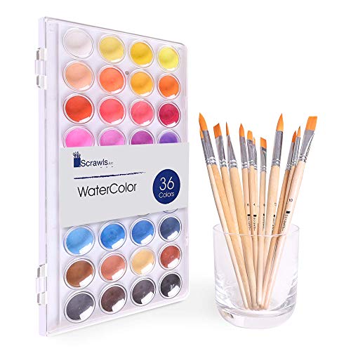 Watercolor Cake Set, 36 Watercolor Paint Set and 12 Paint Brushes. This Watercolors Set are Great for Children/Kids. The Perfect Brushes and Water Color pan Set.