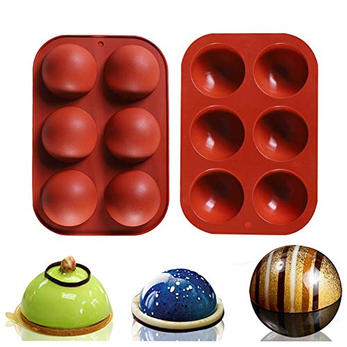 2Pcs 6 Half Ball Circle Holes Thick Semi Silicone Mold For Chocolate, Cake, Desserts, Baking DIY, BPA Free Cupcake Baking Pan, Round Shape Half Candy Molds Non Stick Baking DIY Silicone Mold (Red)