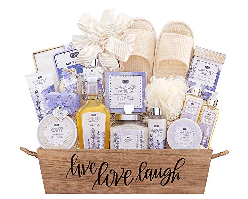 Spa Gift Basket- Lavender Vanilla Spa Experience Gift Basket For Her Women w/ Body Lotion Body Scrub Shower Gel Body Slippers Micro Fiber Hair Towel & more by Wine Country Gift Baskets