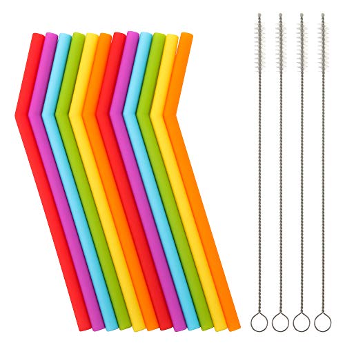 Reusable Silicone Straws for Toddlers & Kids - 12 pcs Flexible Short Drink 6.7" Straws for 6-12 oz Yeti/Rtic/Ozark Tumblers & 4 Cleaning Brushes - BPA free, Eco-friendly,no Rubber Tast