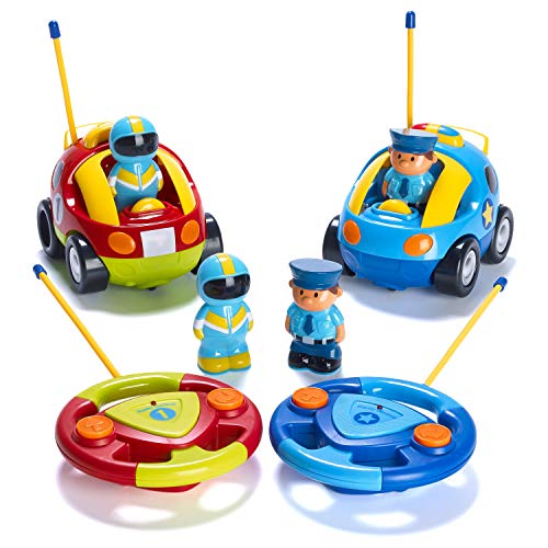 Prextex Pack of 2 Cartoon R/C Police Car and Race Car Radio Control Toys for Kids- Each with Different Frequencies So Both Can Race Together