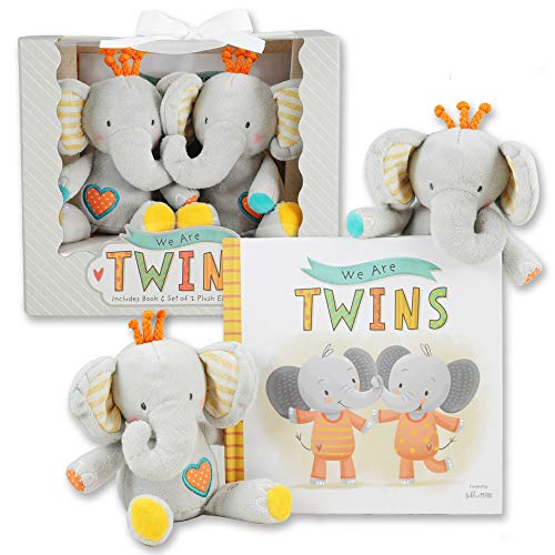 Tickle & Main, We are Twins - Baby and Toddler Twin Gift Set- Includes Keepsake Book and Set of 2 Plush Elephant Rattles for Boys and Girls. Perfect for Newborn Infant