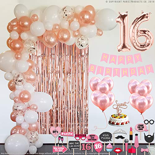 Sweet 16 Party Supplies | 16th Birthday Decorations | Rose gold Confetti Balloons | Sweet 16 Cake Topper Rose Gold | Foil Curtain for Photo Booth | Includes Photo Props | Sweet Sixteen Decoration