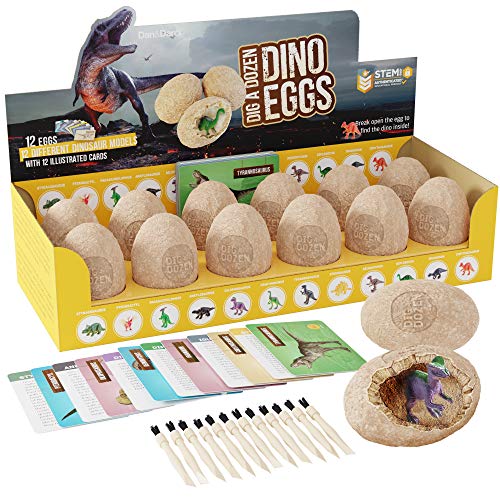 Dig a Dozen Dino Eggs Dig Kit - Easter Egg Toys for Kids - Break Open 12 Unique Large Surprise Dinosaur Filled Eggs & Discover 12 Cute Dinosaurs. Archaeology Science STEM Crafts Gifts for Boys & Girls