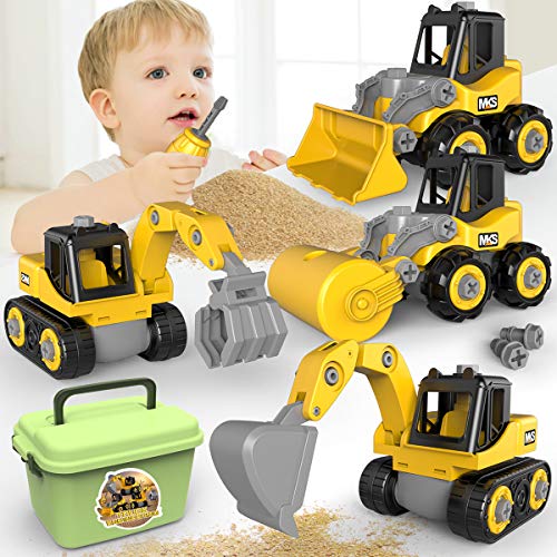 Take Apart Construction Vehicles, Toddler Assembly Truck Toys Play Set Bulldozer, Grab Loader, Road Roller, Excavator, Kid STEM Learning DIY Construction Toys Gift for 3 4 5 6 Years Old Boy & Girls