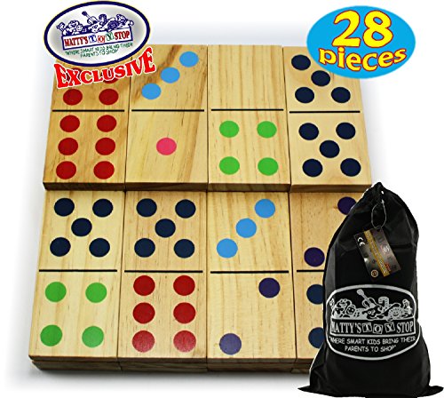 Matty's Toy Stop Deluxe Giant Wooden Dominoes Double Six (5") Color Dot, 28 Piece Set with Storage Bag