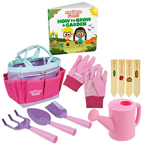 Kids Gardening Tools - includes Sturdy Tote Bag, Watering Can, Gloves, Shovels, Garden Stakes, and a Delightful Children's Book"How to" Garden Tale - Kids Garden Tool set for toddler age on up.