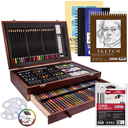 U.S. Art Supply 162-Piece Deluxe Mega Wood Box Art Painting and Drawing Set - Artist Painting Pad, 2 Sketch Pads, 24 Watercolor Paint Colors, 24 Oil Pastels, 24 Colored Pencils, 60 Crayons, 2 Brushes