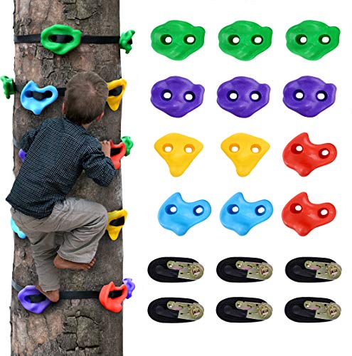 12 Ninja Tree Climbing Holds for Kids Climber, Adult Climbing Rocks with 6 Ratchet Straps for Outdoor Ninja Warrior Obstacle Course Training
