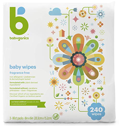 Baby Wipes, Babyganics Unscented Diaper Wipes, 240 Count, (3 Packs of 80), Non-Allergenic and formulated with Plant Derived Ingredients