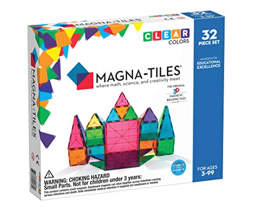 Magna-Tiles 32-Piece Clear Colors Set, The Original, Award-Winning Magnetic Building Tiles for Kids, Creativity and Educational Building Toys for Children, STEM Approved