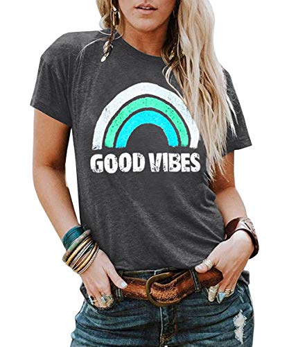 YEXIPO Womens Graphic Tees Good Vibes Shirt Short Sleeve Funny T Shirts Rainbow Print Cute Summer Tops (Large, 1-Dark Grey)