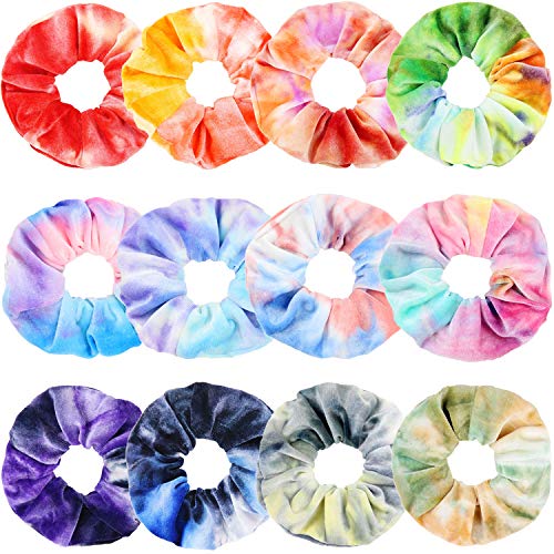 IVARYSS Scrunchies for Girls, 12 Pcs Tie Dye Velvet Scrunchies for Hair, Soft Rainbow Ponytail Holder, Cute Candy Colors Elastic Hair Bands for Teens and Women