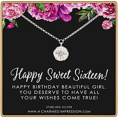 Sweet 16 Gift for Girls ï Diamond Starburst Pendant ï Happy 16th Birthday ï 925 Sterling Silver ï Sixteen Years Old ï For Daughter Niece Goddaughter ï Dainty Necklace ï Milestone Celebration Jewelry