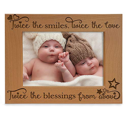 KATE POSH - Twice The Smiles, Twice The Love, Twice The Blessings from Above - Engraved Natural Wood Photo Frame - Twins Picture Frame, Twins Gifts for Babies, Twins Gifts for mom (5x7-Horizontal)